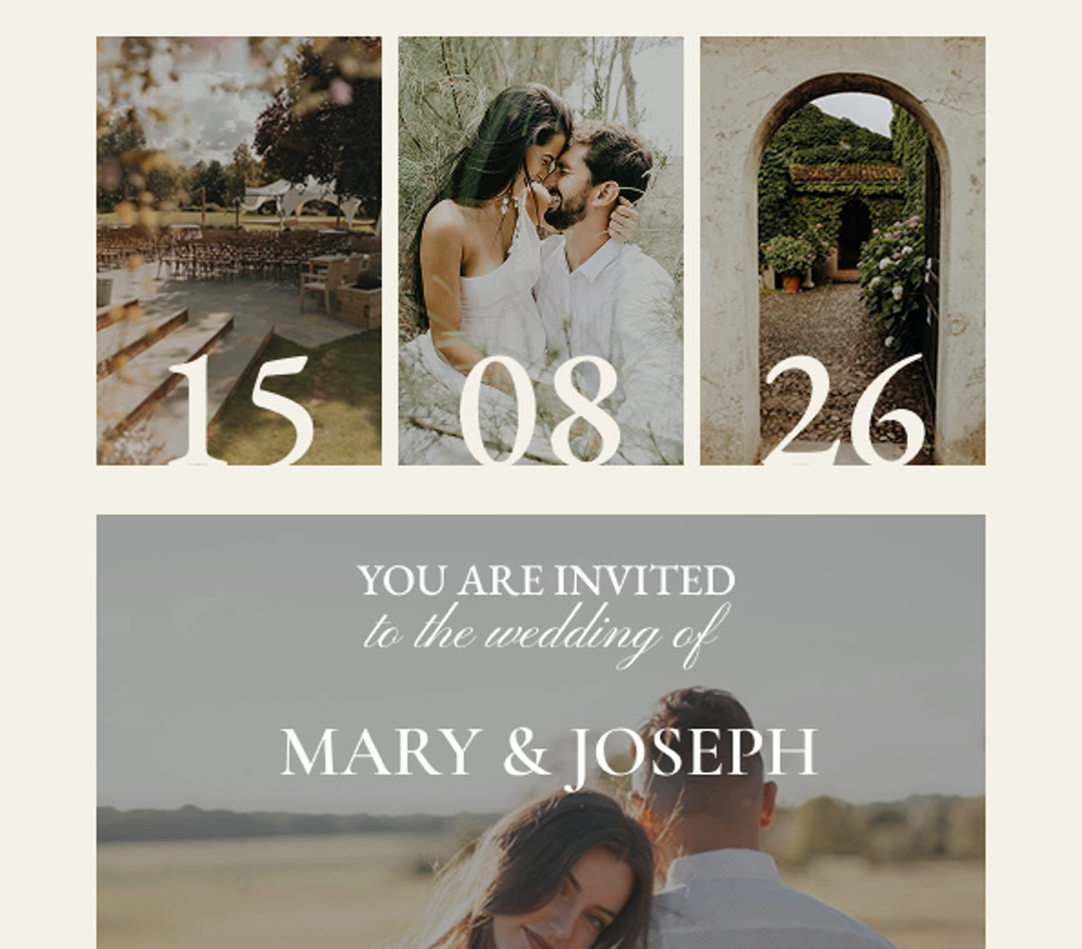 A branded wedding invitation email design with a date grid and RSVP details