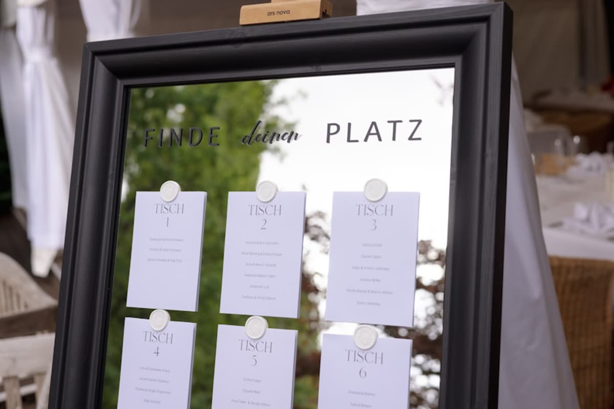 A framed wedding seating chart organizing guests by table